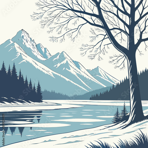 Frozen Lake With Mountain Reflection In Winter