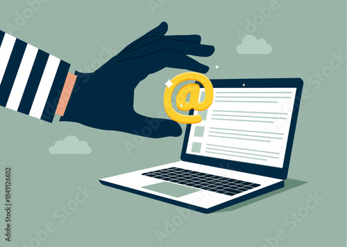 Thief stealing address mail, burglar hand with at sign icon. Cyber security and phishing concept. Modern vector illustration in flat style
