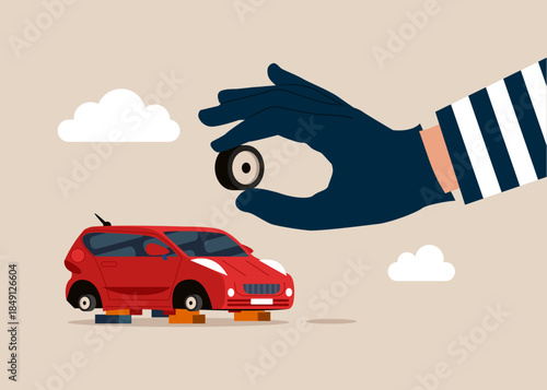 Thief stealing car wheel, burglar hand with car parts. parked car without wheels. City criminal scene. Modern vector illustration in flat style