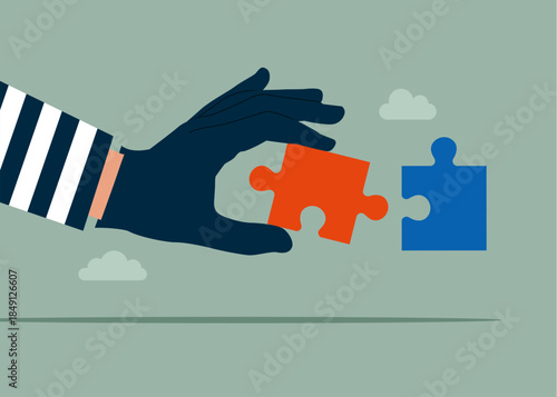Thief stealing jigsaw puzzle element, burglar hand with puzzle. business collapse. Modern vector illustration in flat style