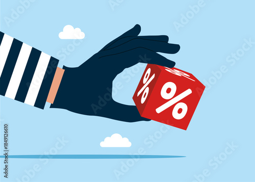 Thief stealing cube block with percentage, burglar hand with credit. Finance risk problem. Modern vector illustration in flat style