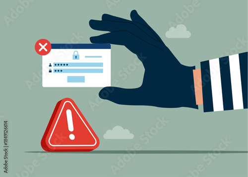 Thief stealing login account, burglar hand with account. Online Information Hacking. Modern vector illustration in flat style