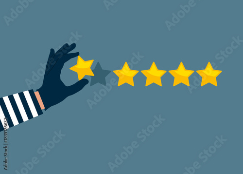 Thief stealing stars, burglar hand with gold star. business collapse. Five star rating concept. Modern vector illustration in flat style