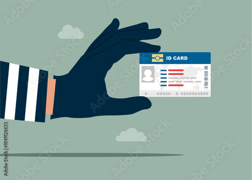 Thief stealing ID card, burglar hand with document. Cyber Attack, Censorship. Modern vector illustration in flat style