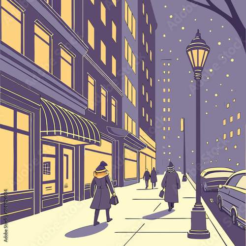 Snowfall In City Street During Winter Evening