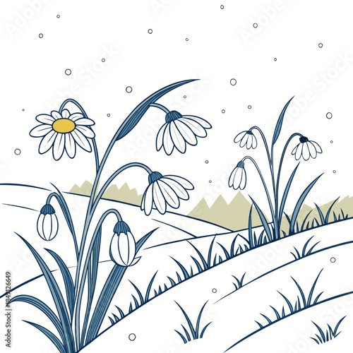 Snowy Daisy Field Illustration With White Backgrou