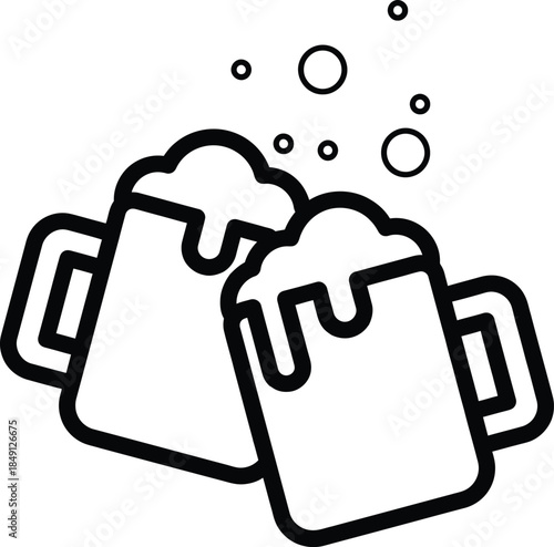Two frothy beer mugs clinking together with bubbles