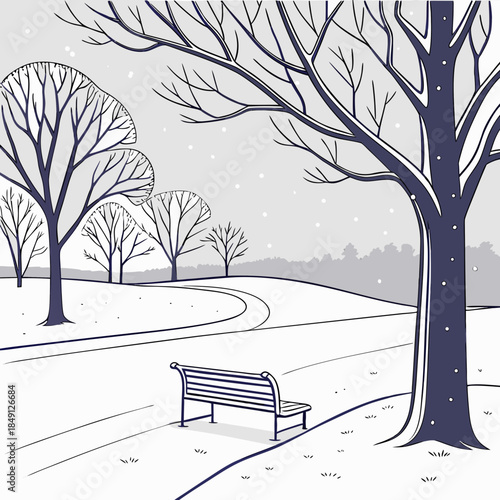 Snowy Park With Empty Bench