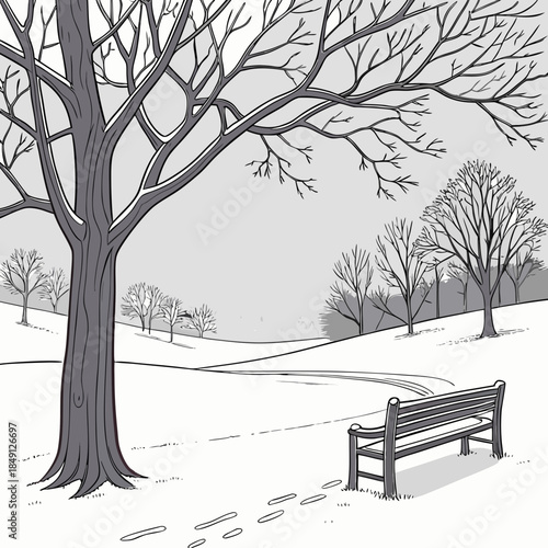 Snowy Park With Empty Bench