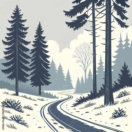 Snowy Road Through Winter Forest