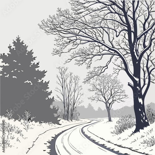 Snowy Road Through Winter Forest