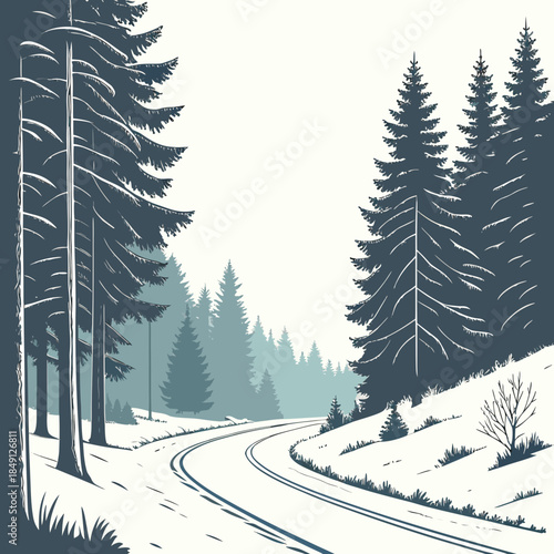 Snowy Road Through Winter Forest