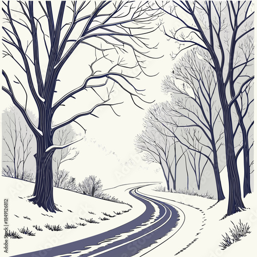 Snowy Road Through Winter Forest