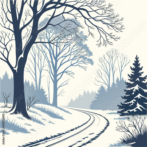 Snowy Road Through Winter Forest