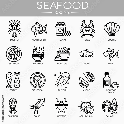 Seafood icon set featuring fish, shellfish, and marine food elements for menu and food design.