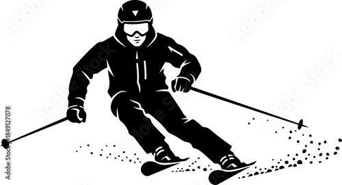 Downhill Alpine Skier Action Silhouette in High-Speed Slalom