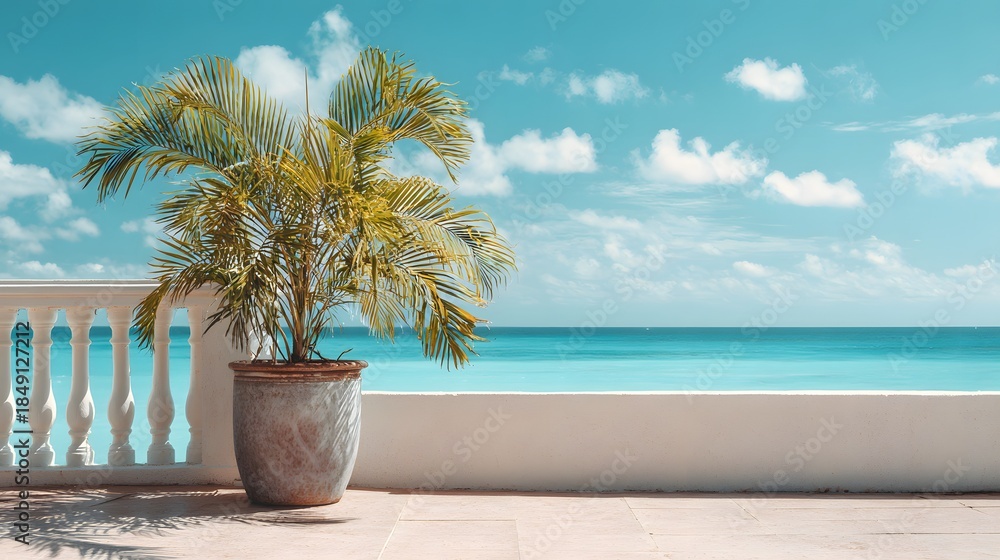 Obraz premium Tropical Balcony Oasis with Palm Tree and Ocean View.