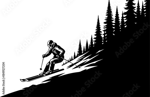 Alpine Skier Action Silhouette Vector Illustration