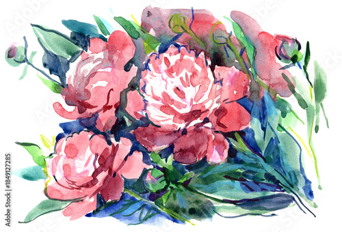 Watercolor painting of pink peonies and green leaves, expressive floral composition in loose artistic style on white background