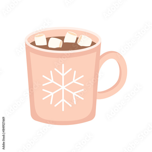 Pink cup of hot chocolate with marshmallow. Template for cozy winter design.