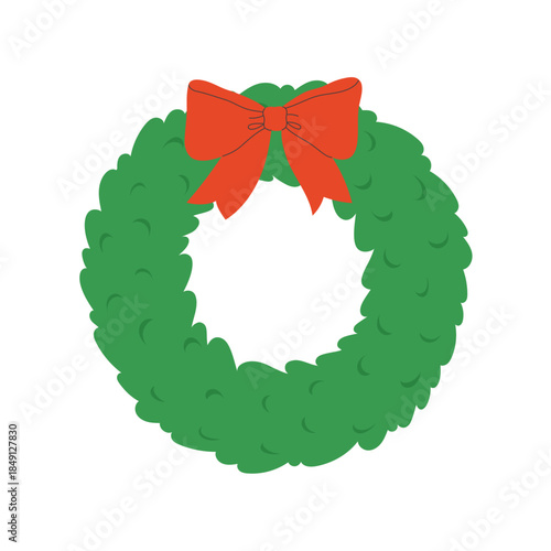 Winter wreath with red bow. Template for Christmas greeting card, invitation, poster, banner, print.