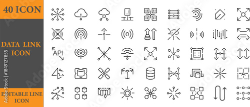 40 data link editable line icons set for network and connection concepts