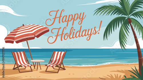 happy holidays summer vacation beach illustration with palm tree deck chairs umbrella ocean waves and tropical seaside travel background
