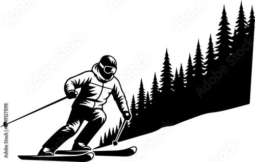 Downhill Alpine Skier Action Silhouette in High-Speed Slalom
