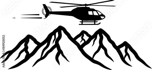 Helicopter Flight Over Mountain Peaks Silhouette Illustration