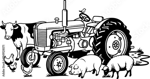 Farm Tractor with Barnyard Animals Illustration