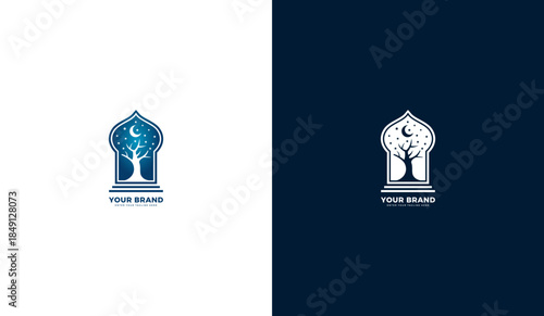 Abstract night tree logo with crescent moon and stars. Minimalist arch window symbol for islamic art and spiritual