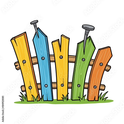 Fence, humorous doodle, cartoon design, colorful wooden planks on white background