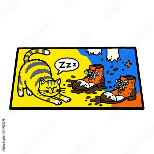 Doormat, humorous doodle, cartoon design, playful cat and muddy boots on white background