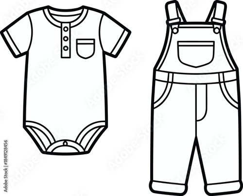 Vector line art illustration of baby bodysuit and overalls clothing set for coloring page or icon design isolated on white