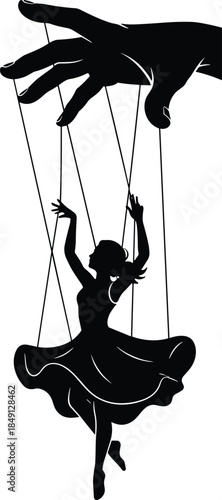 Conceptual Silhouette of a Large Hand Controlling a Dancing Woman Like a Puppet Representing Manipulation Lack of Freedom and Control