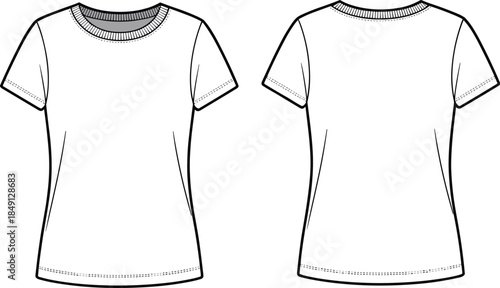 Women's crew neck t-shirt technical fashion flat sketch vector illustration, front and back views, blank apparel design template for mockup