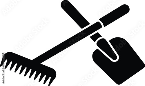 Silhouette Crossed Shovel and Rake Garden Tools Vector Illustration