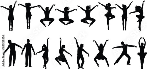 Collection of Black Silhouettes of People Dancing Jumping and Performing Ballet and Contemporary Dance Moves Isolated on a White Background Vector