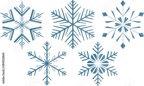 Set of seven different blue frozen winter snowflakes transparent background design element for christmas