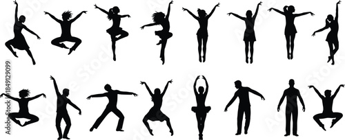 Large collection of black silhouettes of ballet dancers and contemporary performers in various expressive jumping and graceful poses on white background