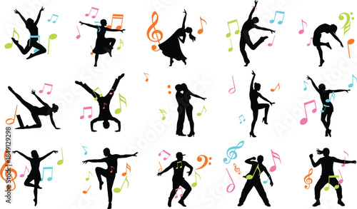Set of black silhouettes of people dancing in various poses with colorful musical notes and clefs isolated on white background
