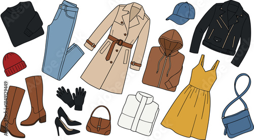 Flat lay fashion clothing accessory set, seasonal outfit mix, trench coat jeans boots bags hats gloves, vector illustration