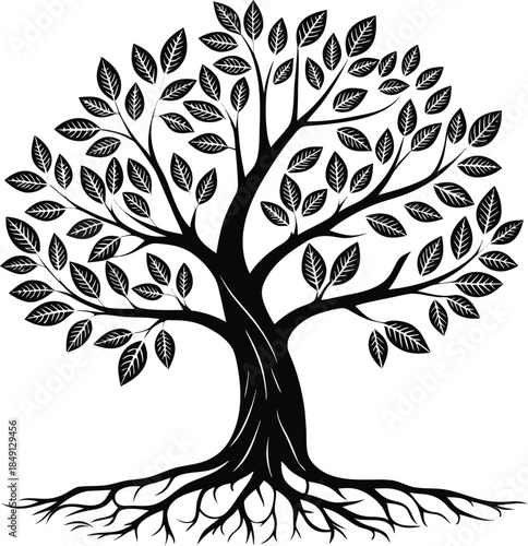 Timeless vector illustration of a majestic tree, featuring abundant leaves and strong, spreading roots, embodying life's growth, stability, and the profound beauty of nature