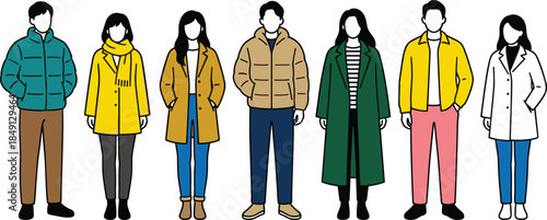 Group of people in winter coats, diverse fashion styles, seasonal outerwear illustration, cold weather clothing, flat vector illustration