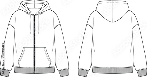 Hooded sweatshirt technical sketch, front back view, zipper kangaroo pocket, drawstring hood, sleeve highlight, flat vector illustration