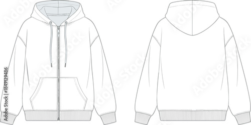 Hooded zip-up sweatshirt technical sketch, front back view, kangaroo pocket, drawstring hood, fashion flat drawing, flat vector illustration