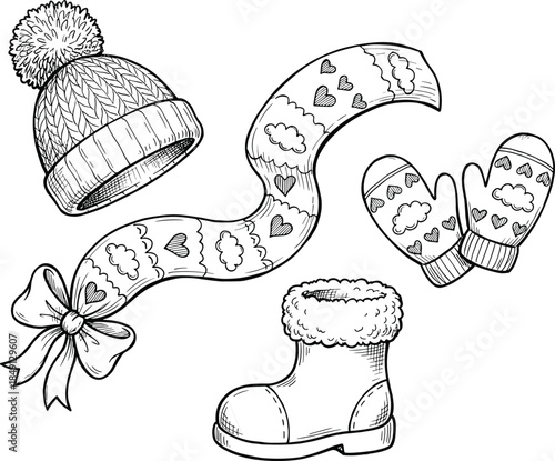 Winter accessory line art set, hat scarf mittens boot with heart cloud pattern, black and white illustration for coloring