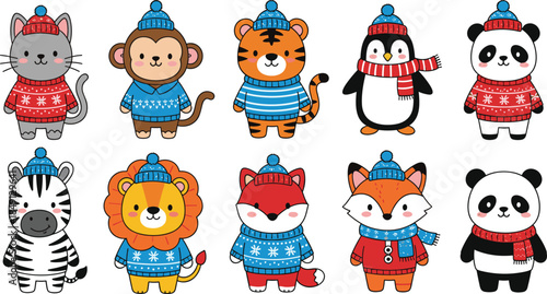 Winter animals in sweaters, scarves, hats, festive cartoon characters, cute vector pets, holiday fashion, cozy style, seasonal outfit, flat vector illustration