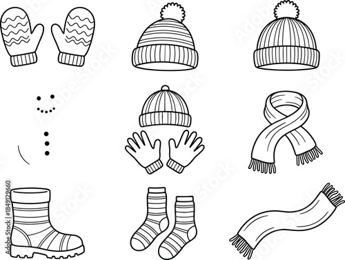 Winter clothing and snowman accessory line art set, hats mittens scarves gloves boots socks face, black white illustration