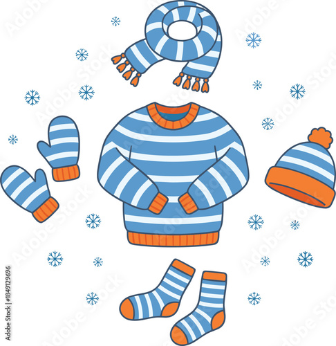 Winter clothing set with striped scarf mittens sweater socks hat, snowflake theme, cozy seasonal fashion, flat vector illustration